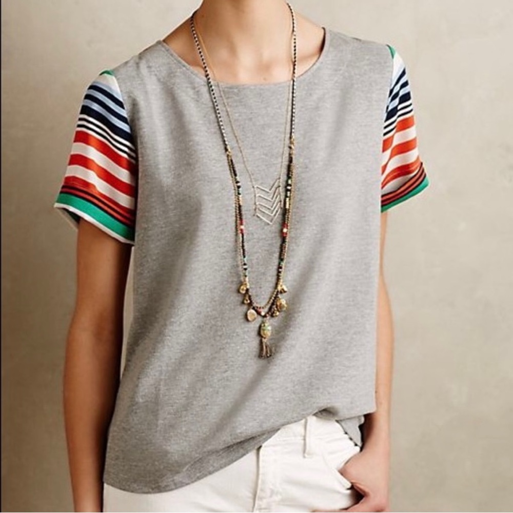 Anthropologie Mixed Media Colorful Stripe Gray Short Sleeve Knit Top - Picture 1 of 10